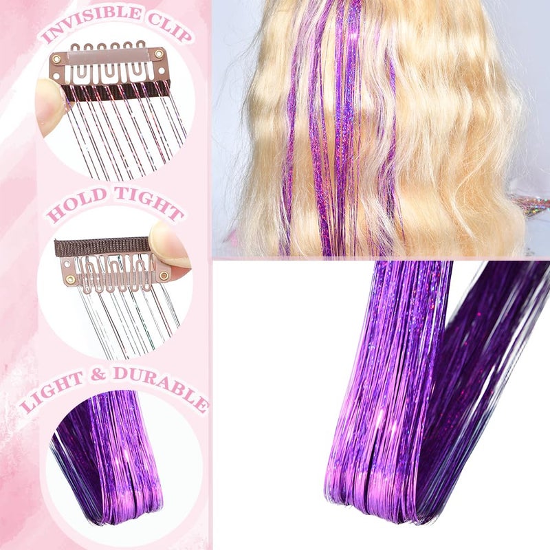 EROADE Hair Tinsel Clip in12 Pcs Purple Hair Tinsel Kit for Girls 22 Inch Glitter Fairy Tinsel Hair Extensions Colorful Heat Resistant Party Festival Accessories for Women (purple) - Image 2